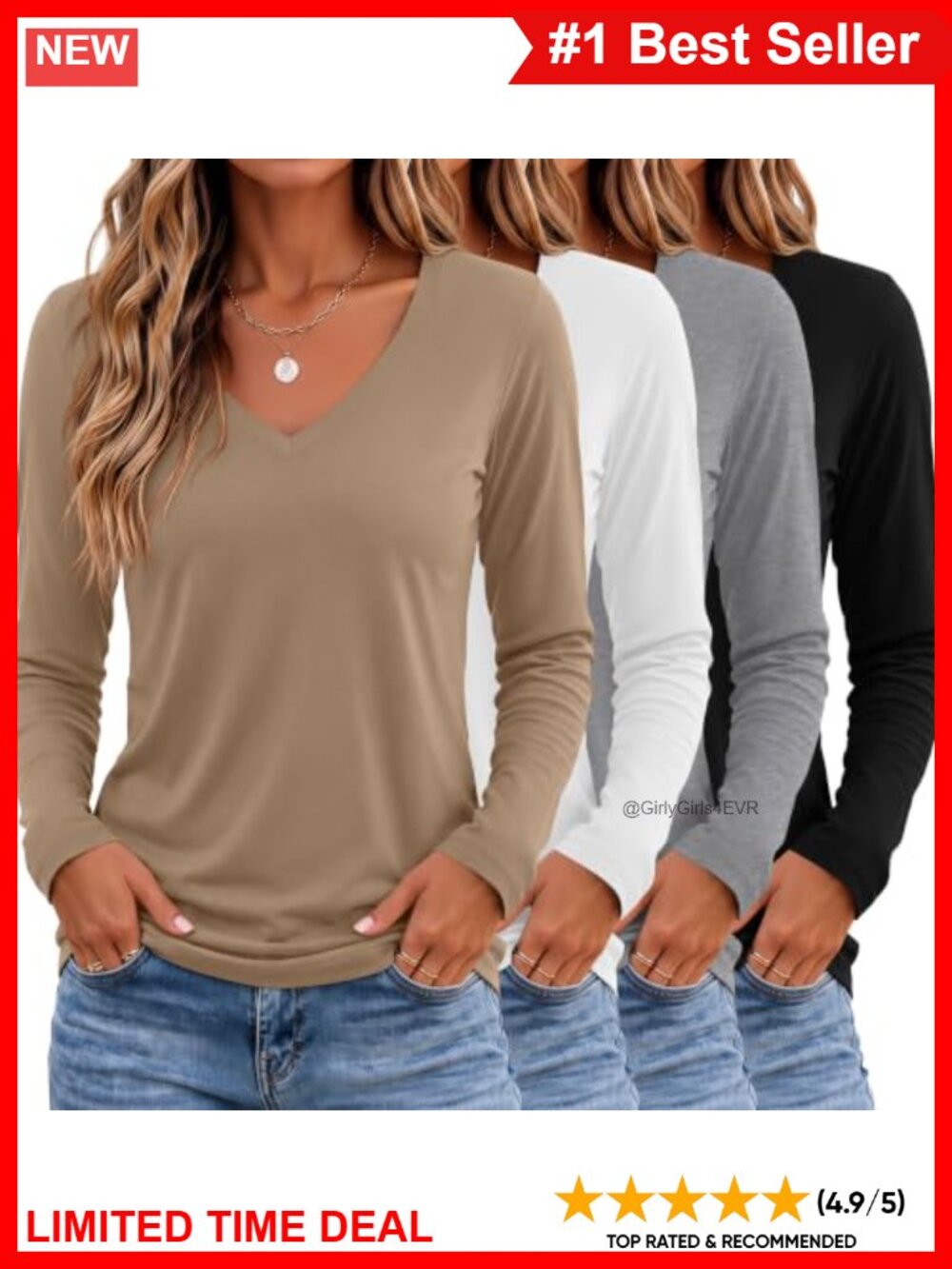 4 Pack Long Sleeve V Neck Loose Fit T-Shirts